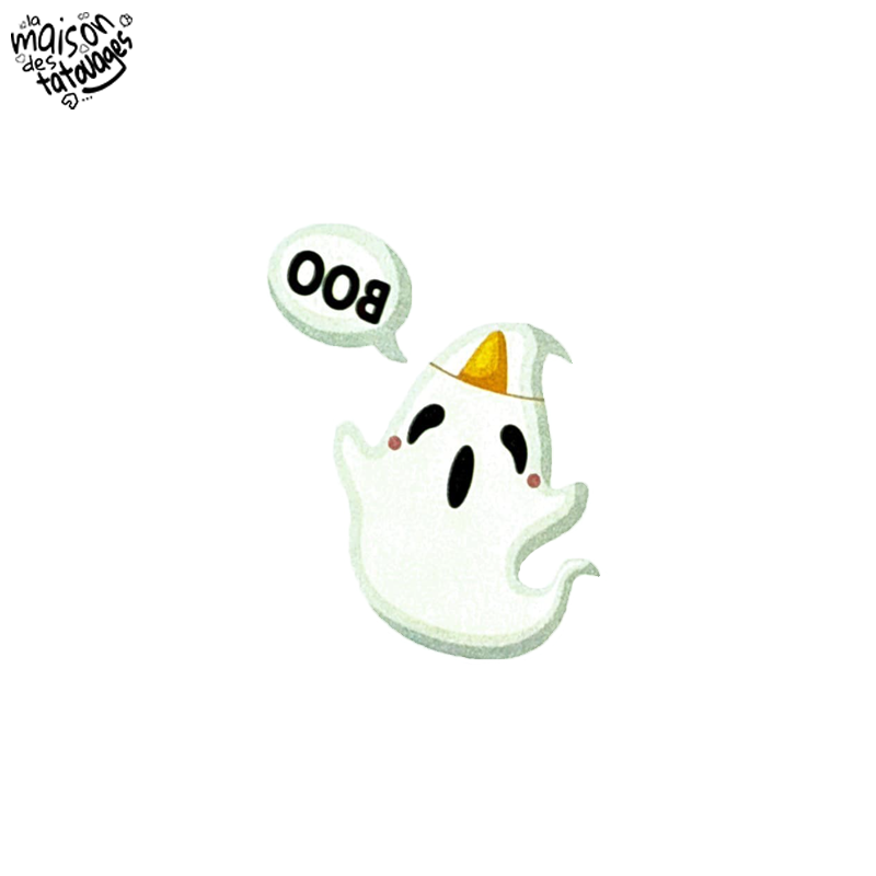 Tatouage éphémère Halloween coloré motif fantôme BOO sucré et malicieux