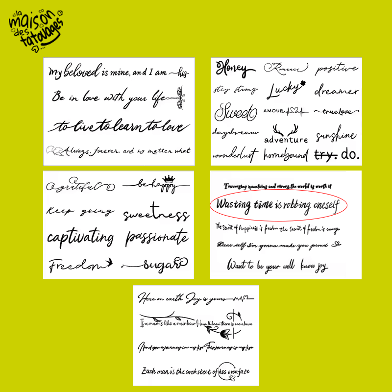 Tatouage éphémère écriture : wasting time is robbing oneself